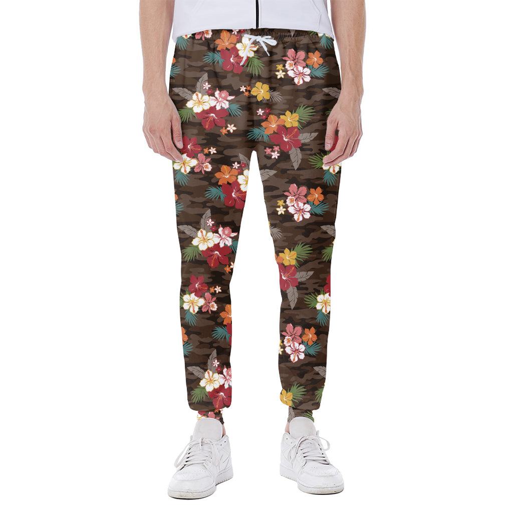Brown Camo Hibiscus Flower Print Scuba Joggers