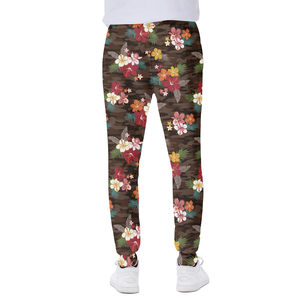 Brown Camo Hibiscus Flower Print Scuba Joggers