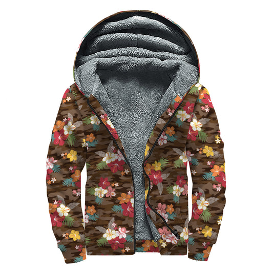 Brown Camo Hibiscus Flower Print Sherpa Lined Zip Up Hoodie
