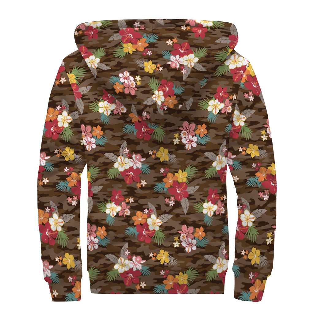 Brown Camo Hibiscus Flower Print Sherpa Lined Zip Up Hoodie