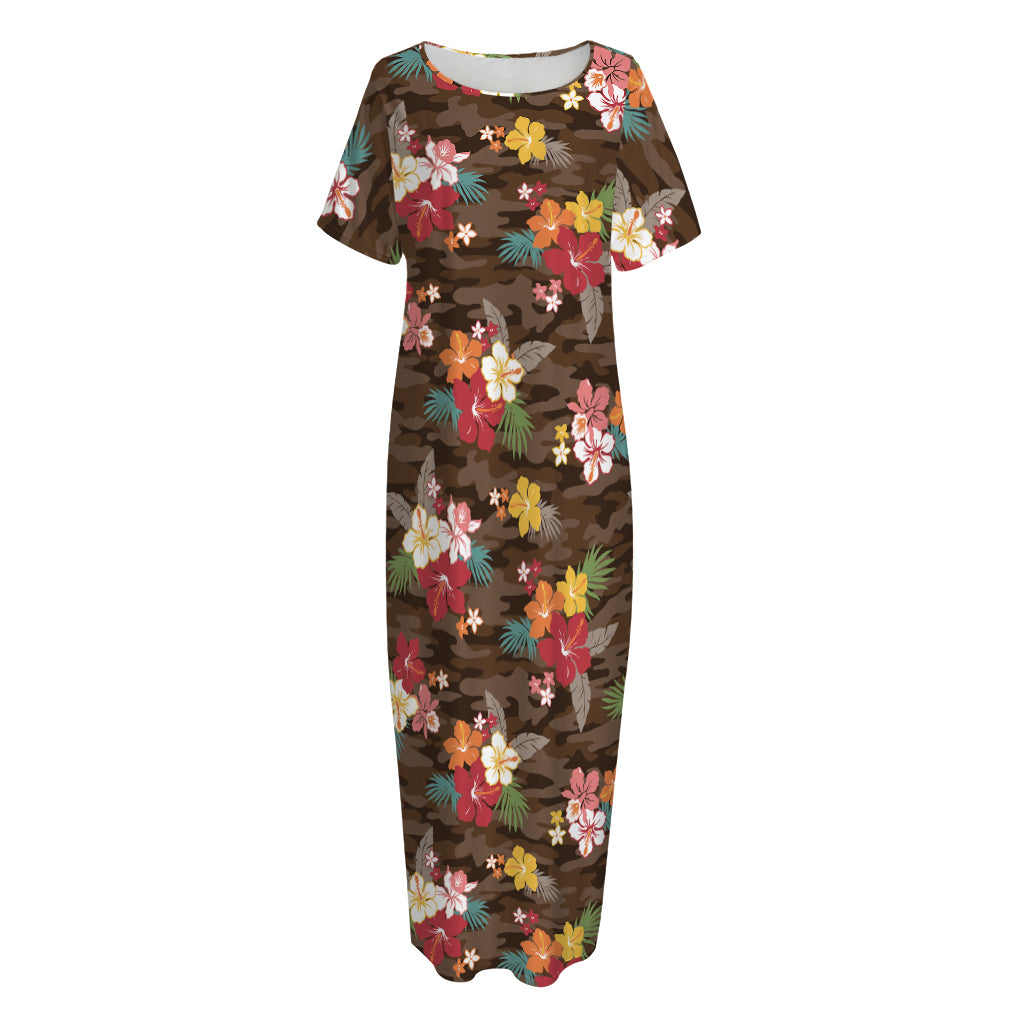 Brown Camo Hibiscus Flower Print Short Sleeve Long Nightdress