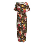 Brown Camo Hibiscus Flower Print Short Sleeve Long Nightdress