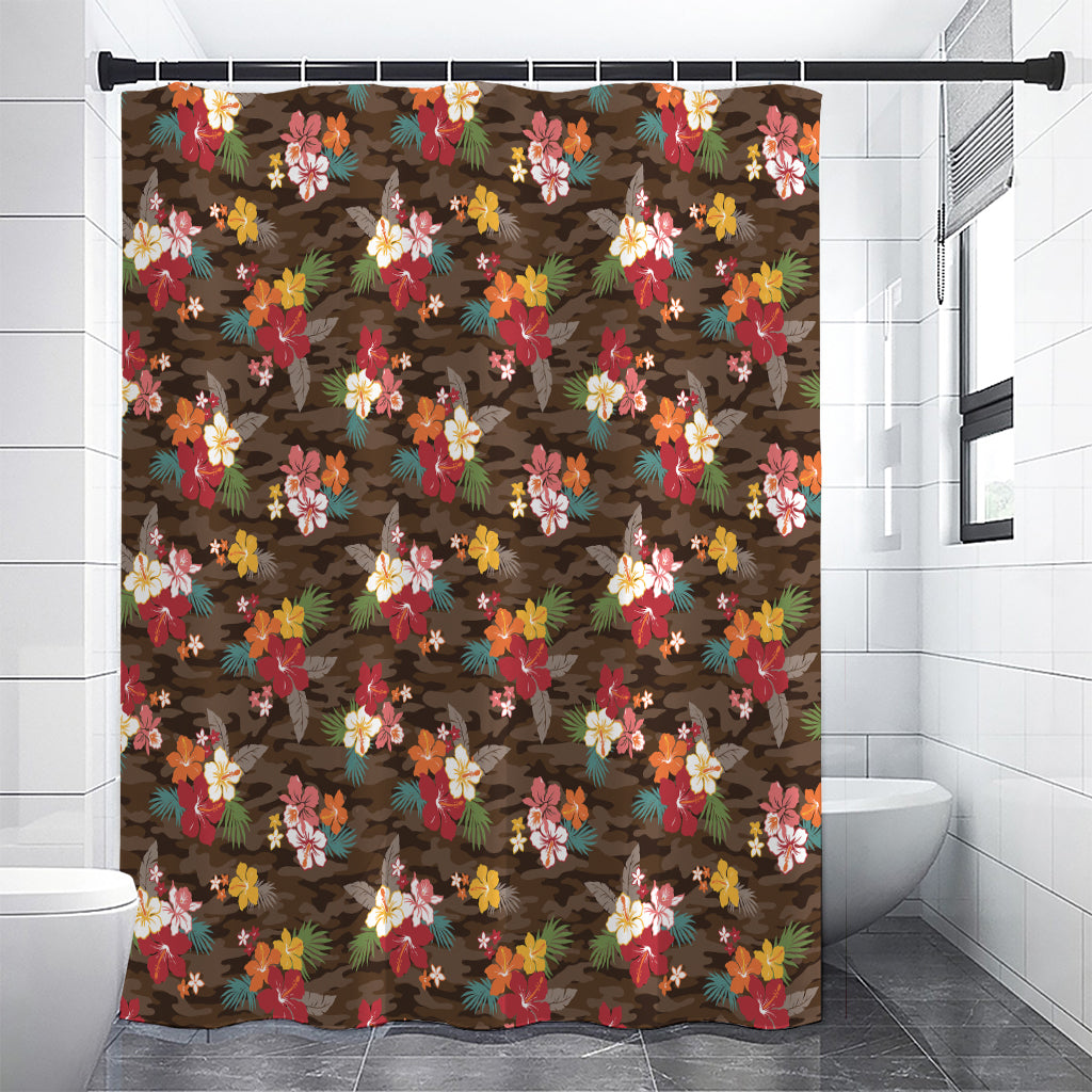 Brown Camo Hibiscus Flower Print Shower Curtain