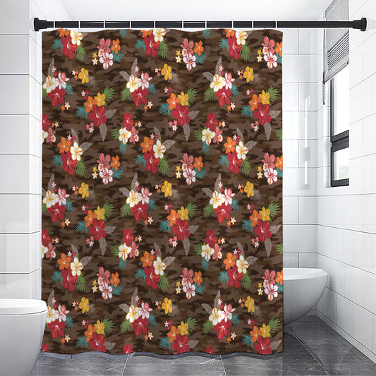 Brown Camo Hibiscus Flower Print Shower Curtain