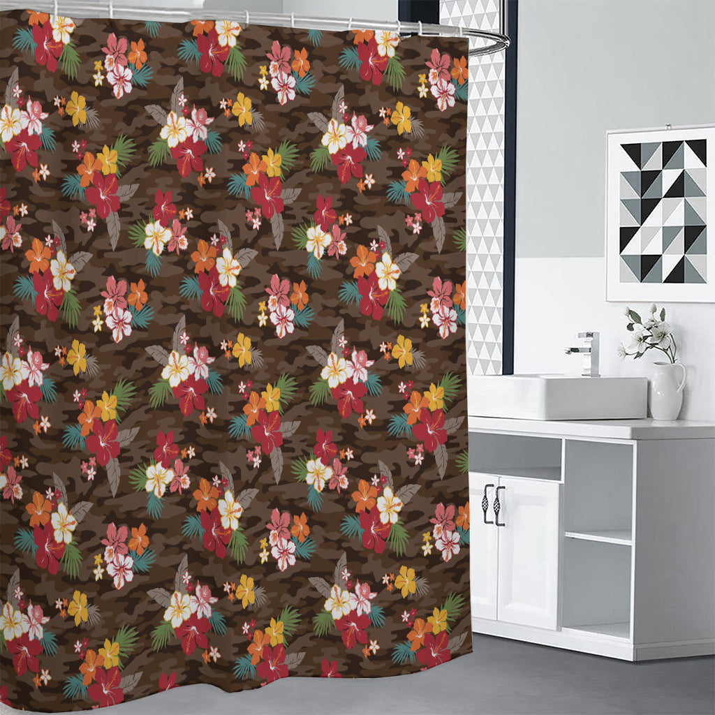 Brown Camo Hibiscus Flower Print Shower Curtain