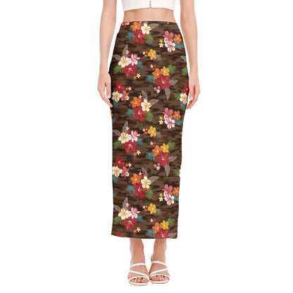 Brown Camo Hibiscus Flower Print Side Slit Maxi Skirt