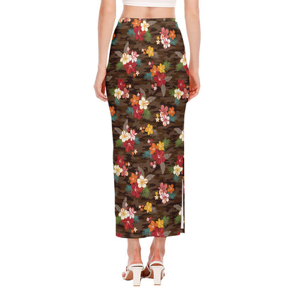 Brown Camo Hibiscus Flower Print Side Slit Maxi Skirt
