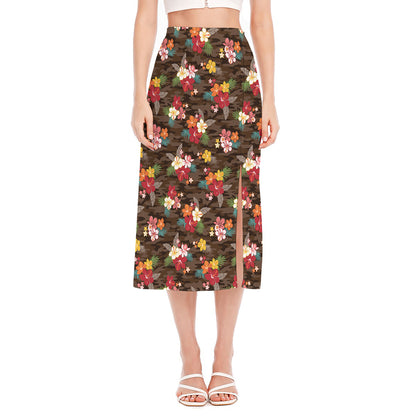 Brown Camo Hibiscus Flower Print Side Slit Midi Skirt