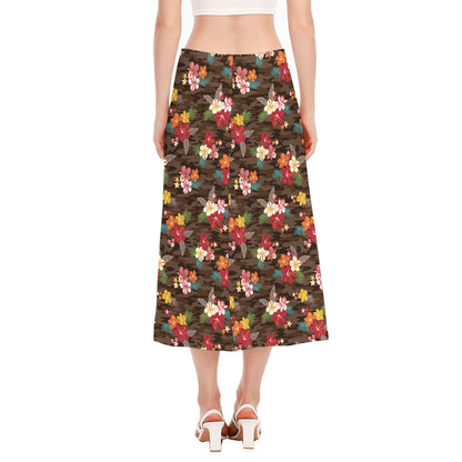 Brown Camo Hibiscus Flower Print Side Slit Midi Skirt