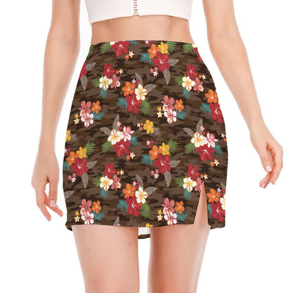 Brown Camo Hibiscus Flower Print Side Slit Mini Skirt