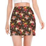 Brown Camo Hibiscus Flower Print Side Slit Mini Skirt