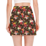 Brown Camo Hibiscus Flower Print Side Slit Mini Skirt