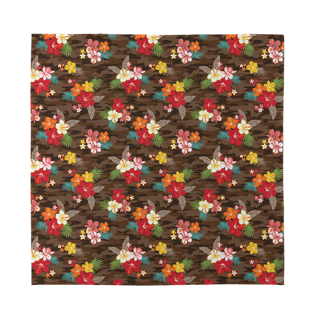 Brown Camo Hibiscus Flower Print Silk Bandana
