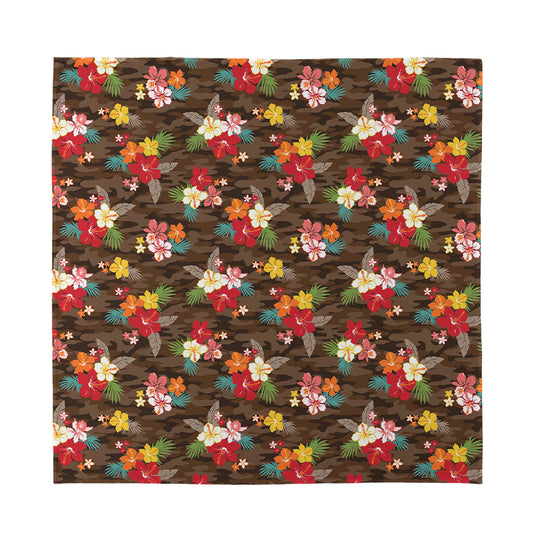 Brown Camo Hibiscus Flower Print Silk Bandana
