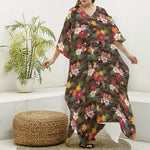 Brown Camo Hibiscus Flower Print Silk V-Neck Kaftan Dress