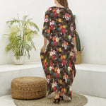 Brown Camo Hibiscus Flower Print Silk V-Neck Kaftan Dress