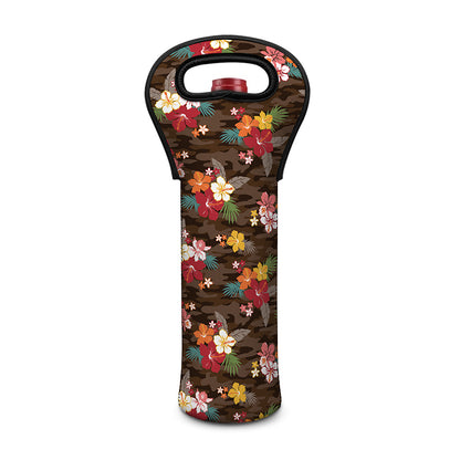 Brown Camo Hibiscus Flower Print Single Neoprene Wine Tote