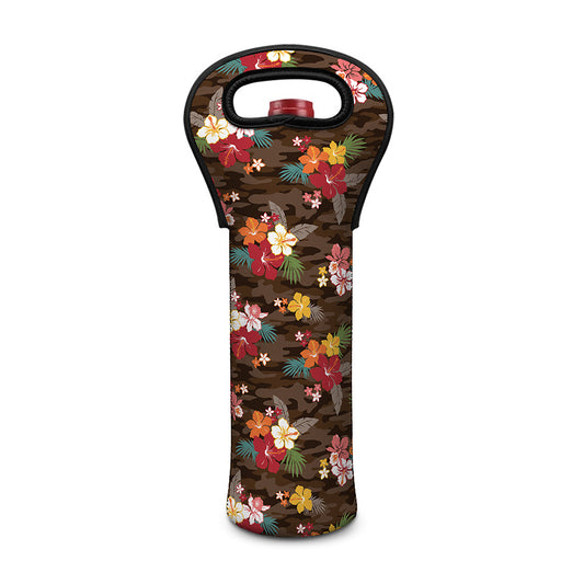 Brown Camo Hibiscus Flower Print Single Neoprene Wine Tote