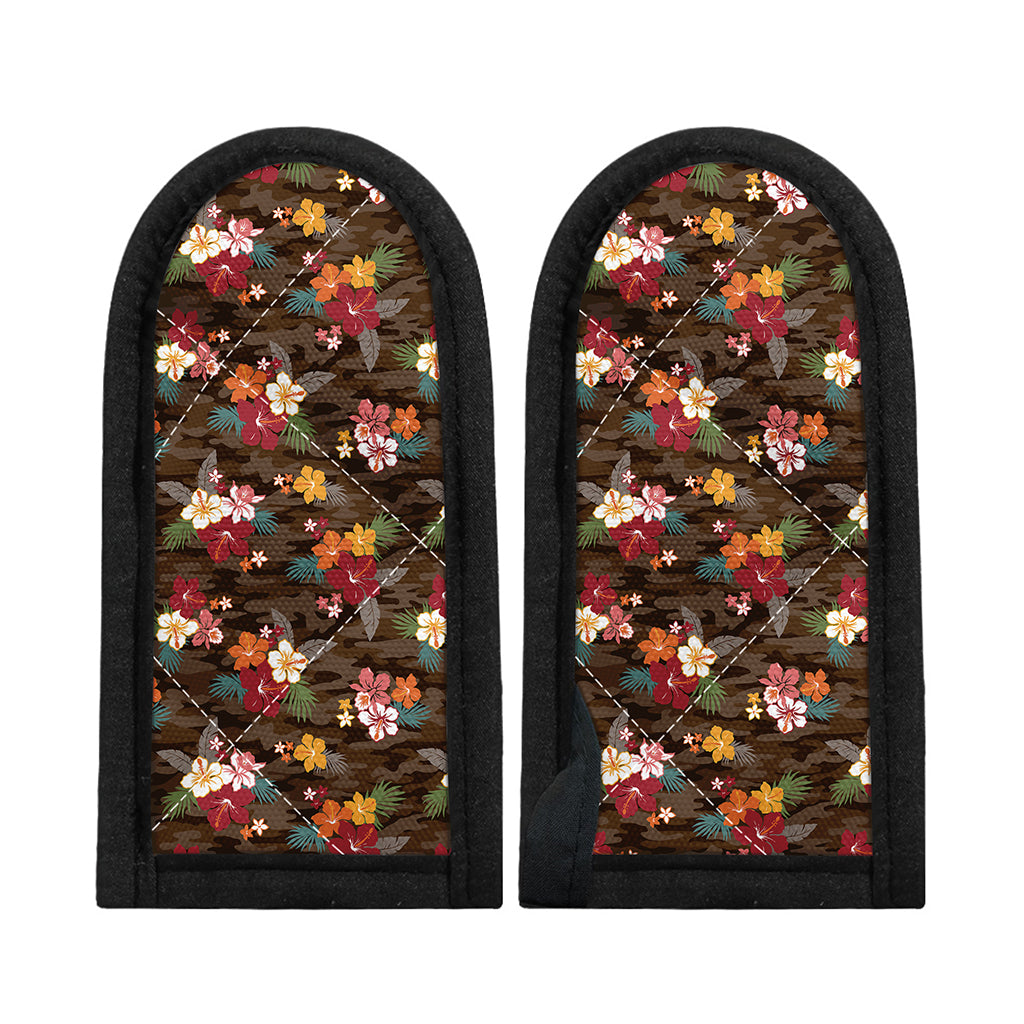 Brown Camo Hibiscus Flower Print Skillet Handle Cover