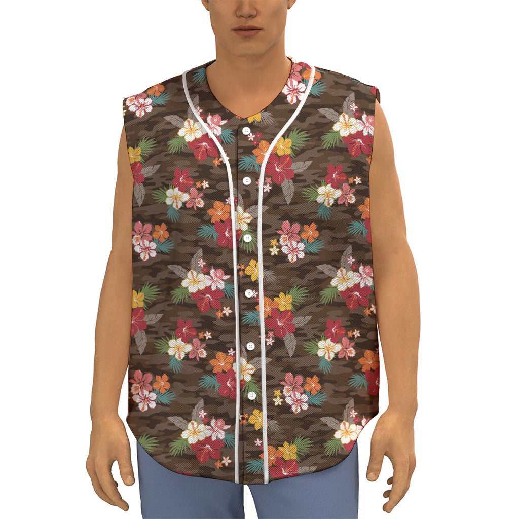 Brown Camo Hibiscus Flower Print Sleeveless Baseball Jersey