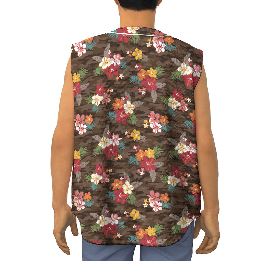 Brown Camo Hibiscus Flower Print Sleeveless Baseball Jersey