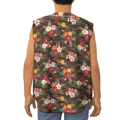 Brown Camo Hibiscus Flower Print Sleeveless Baseball Jersey