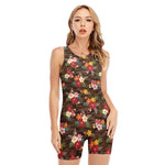 Brown Camo Hibiscus Flower Print Sleeveless One Piece Swimsuit