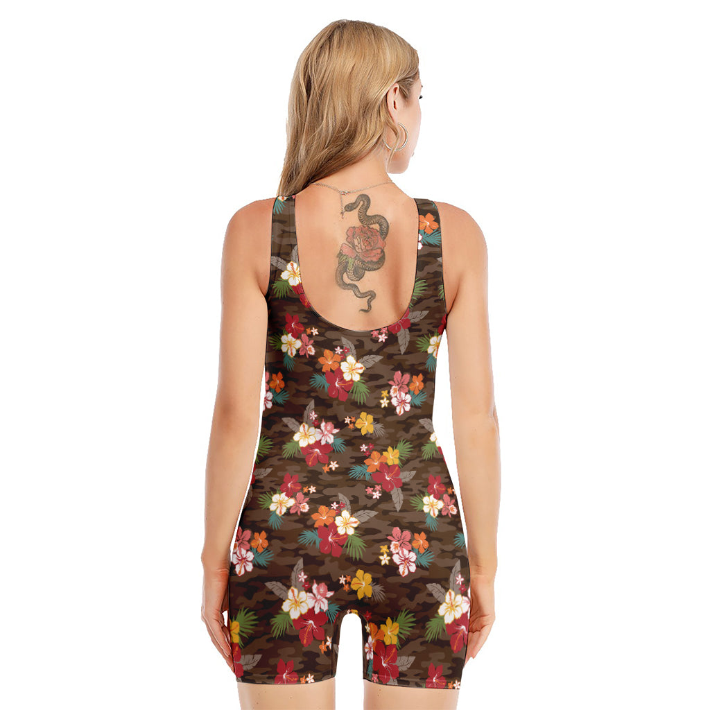 Brown Camo Hibiscus Flower Print Sleeveless One Piece Swimsuit