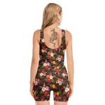 Brown Camo Hibiscus Flower Print Sleeveless One Piece Swimsuit