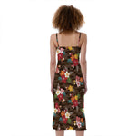 Brown Camo Hibiscus Flower Print Slim Fit Midi Cami Dress