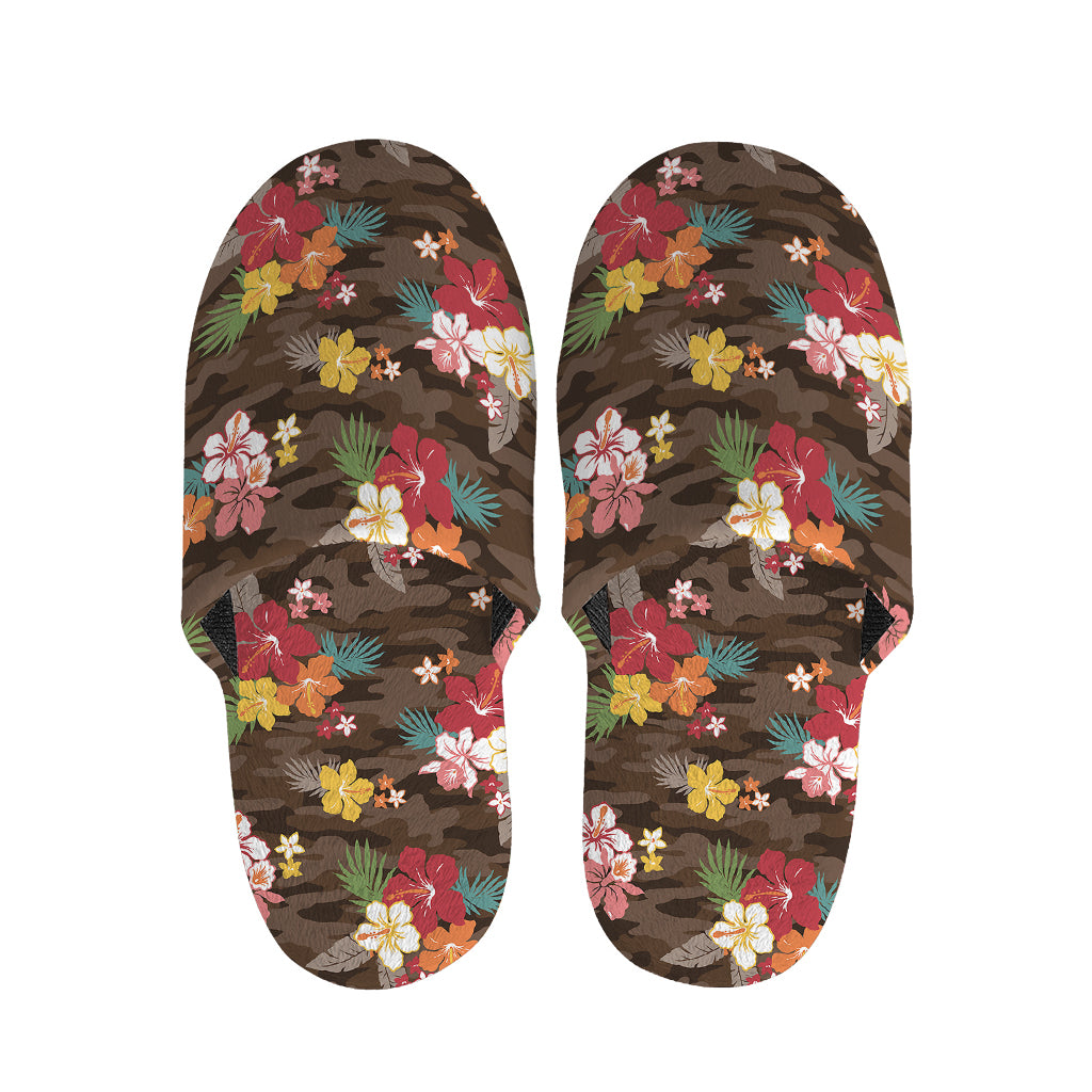 Brown Camo Hibiscus Flower Print Slippers