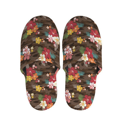 Brown Camo Hibiscus Flower Print Slippers