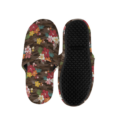 Brown Camo Hibiscus Flower Print Slippers