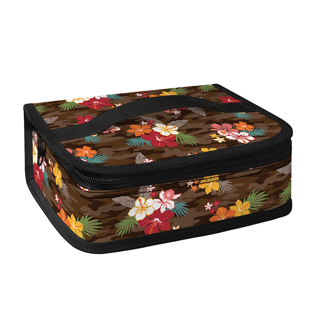 Brown Camo Hibiscus Flower Print Small Lunch Bag