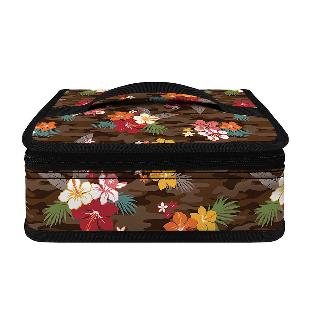 Brown Camo Hibiscus Flower Print Small Lunch Bag