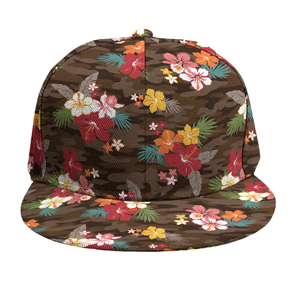 Brown Camo Hibiscus Flower Print Snapback Cap