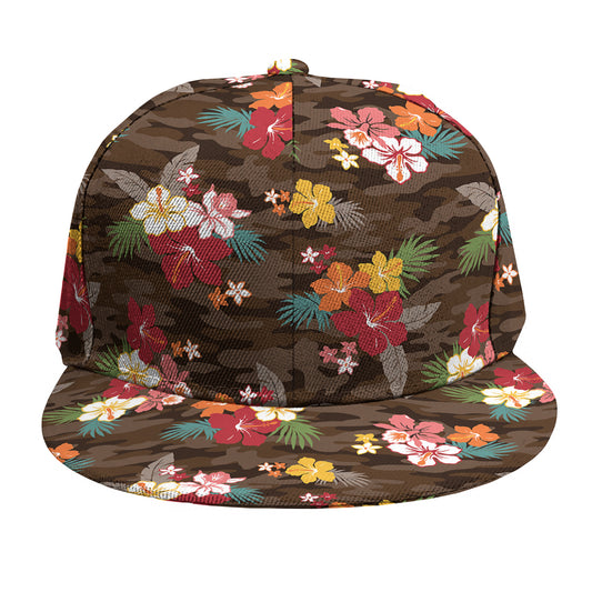 Brown Camo Hibiscus Flower Print Snapback Cap