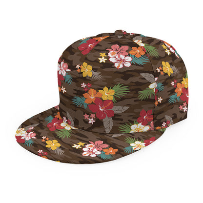 Brown Camo Hibiscus Flower Print Snapback Cap