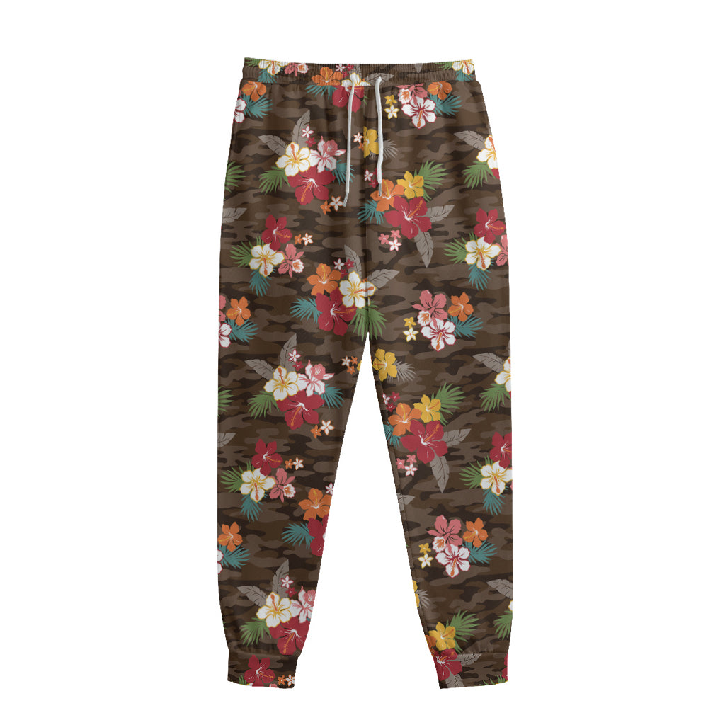 Brown Camo Hibiscus Flower Print Sweatpants