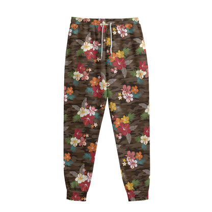 Brown Camo Hibiscus Flower Print Sweatpants