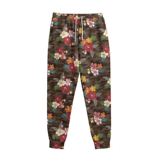 Brown Camo Hibiscus Flower Print Sweatpants