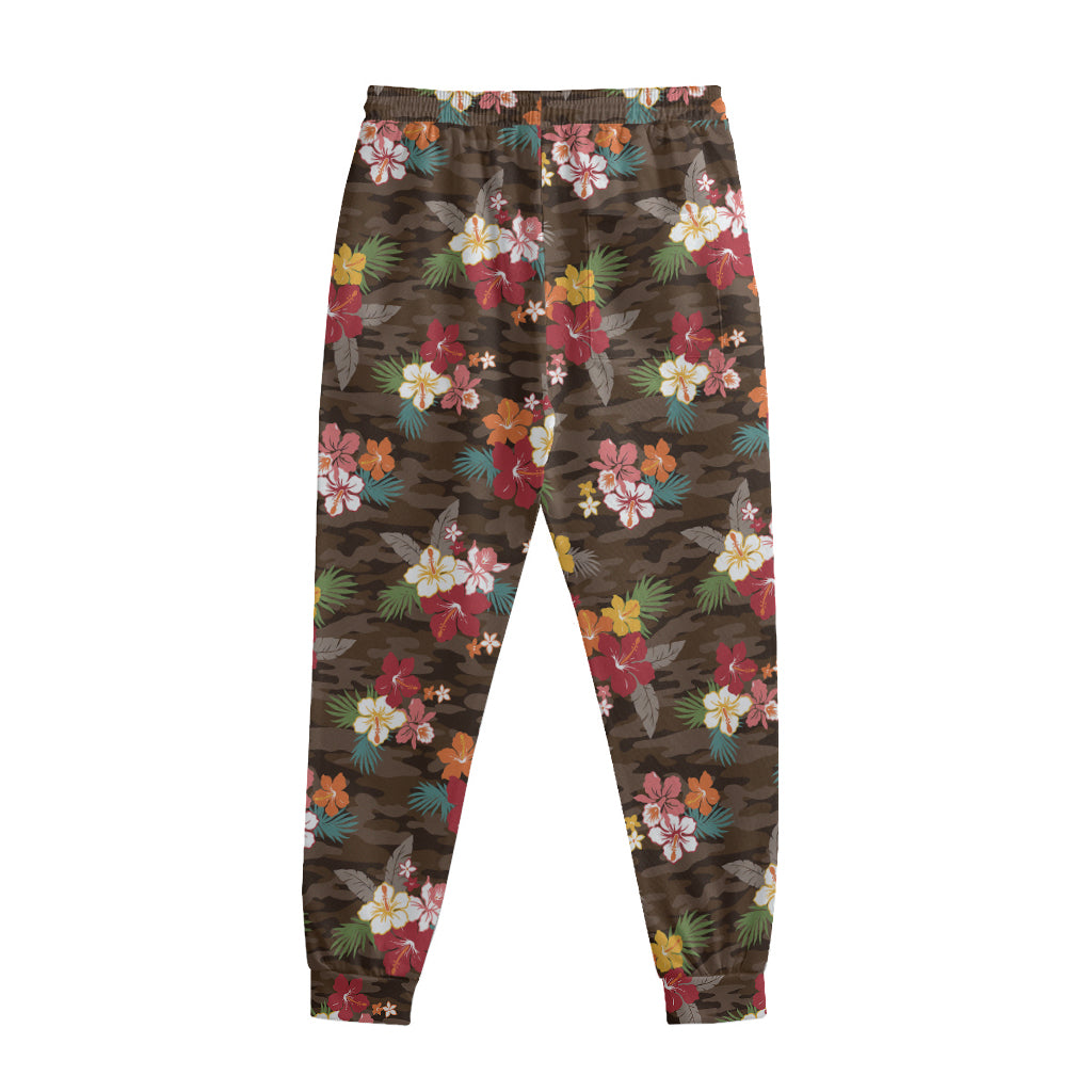 Brown Camo Hibiscus Flower Print Sweatpants
