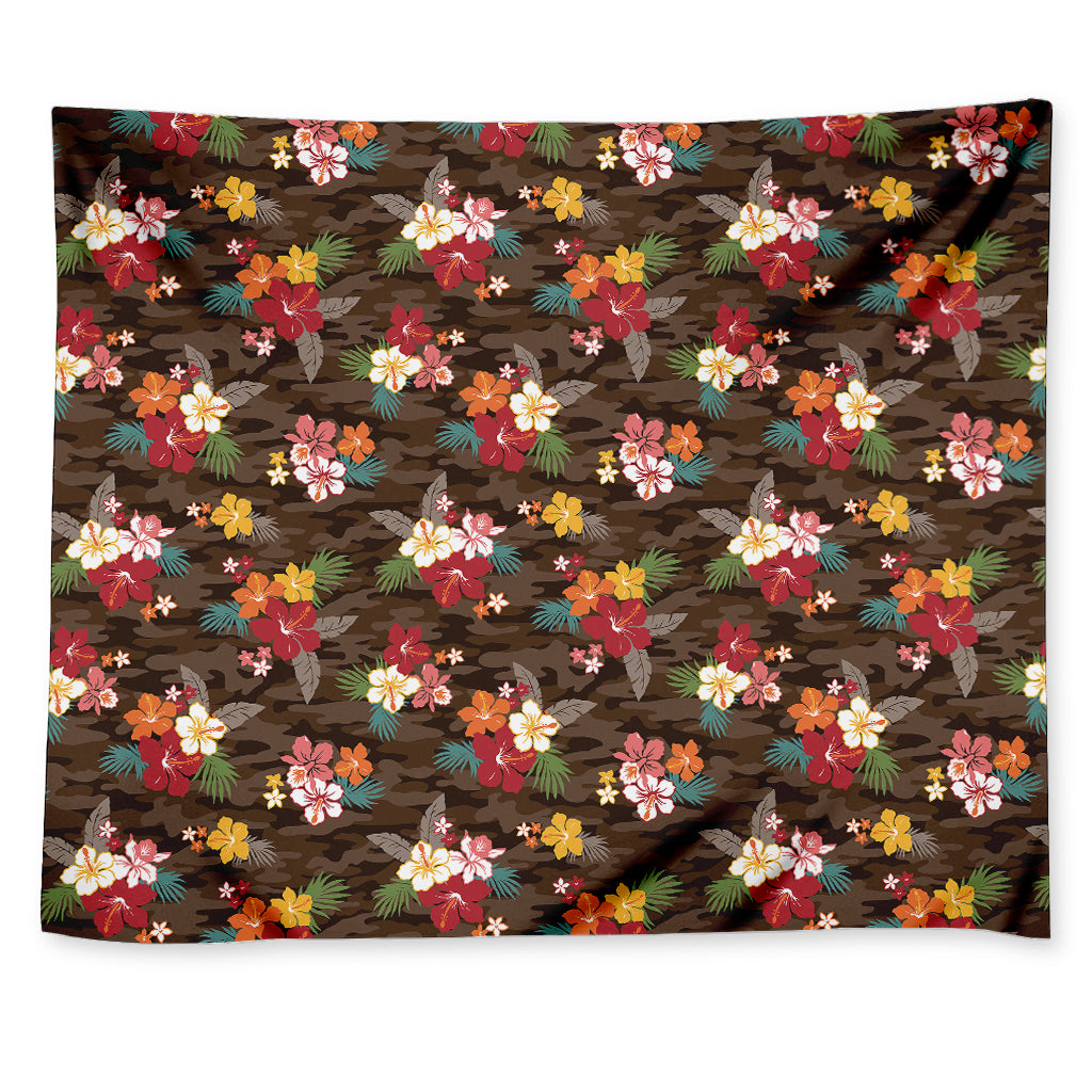 Brown Camo Hibiscus Flower Print Tapestry