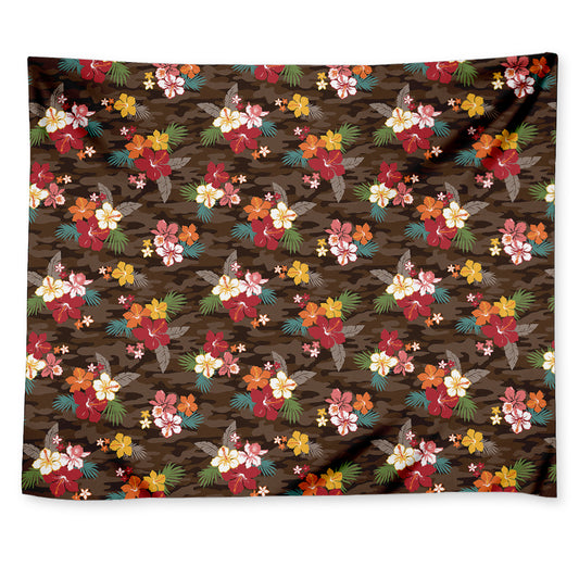 Brown Camo Hibiscus Flower Print Tapestry