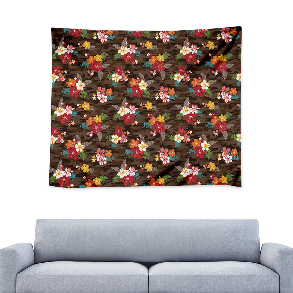 Brown Camo Hibiscus Flower Print Tapestry