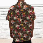 Brown Camo Hibiscus Flower Print Textured Short Sleeve Shirt