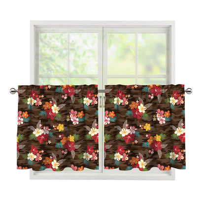 Brown Camo Hibiscus Flower Print Tier Curtains