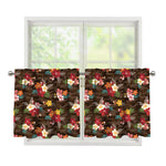 Brown Camo Hibiscus Flower Print Tier Curtains