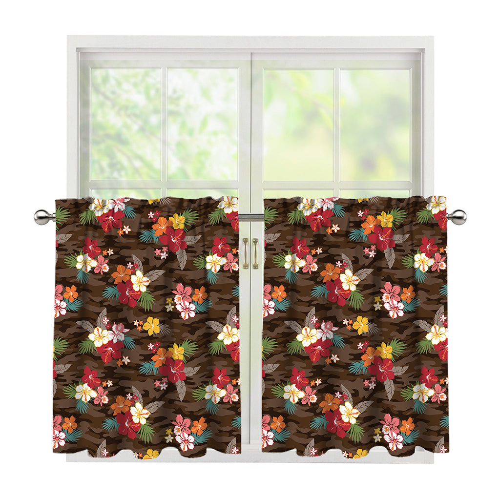 Brown Camo Hibiscus Flower Print Tier Curtains