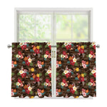 Brown Camo Hibiscus Flower Print Tier Curtains